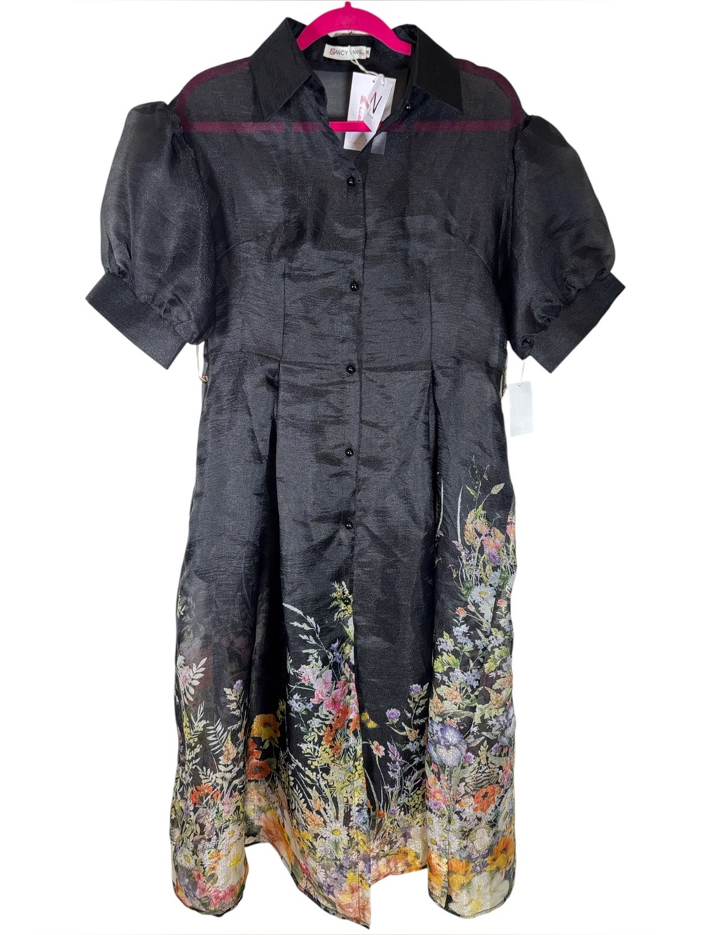 Nancy Yang Floral Print Shirt Dress Black Multi Size M NWT Missing Belt